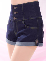 ファインストレッチフロント釦ハイウエストショートPT/インディゴ