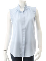 【ECURY】襟プリーツシフォンノースリーブブラウス/サックス