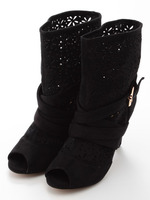 【Funny show】レーザーカットブーツサンダル/ブラックスウェード