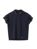 スクエアレース切り替え衿付きカットソー/サックス(090)