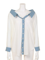 デニムコンビオフショルシフォンSH/SAX/WH