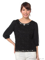 刺繍オーガンジー切り替えブラウス/ブラック