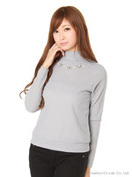 Ribハイネック.ビジュー付/グレー