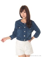 ノーカラー７分袖デニムジャケット/ライトブルー