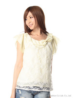 ロールリボンネックレースひら袖BL/クリーム