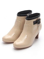 スタックヒールレインショートブーツ/ブラックエナメル