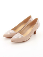 【本革】【低反発スポンジ入り】ストライプ柄のらくちんパンプス/ベージュ