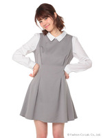 ウエストタック衿付ワンピース/グレー柄