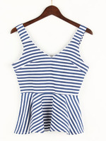 ボーダーペプラムノースリプルオーバー/ブルー