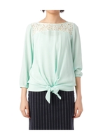 リボン使いレース切り替えブラウス/グリーン系(022)