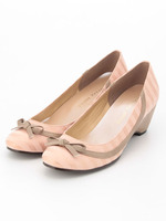 ボーダーリボンパンプス/ピンク