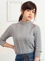 ケーブル5分袖ニット/ライトグレー