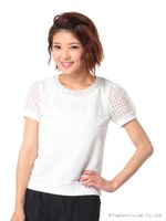 ビジュー付き透かしチェック袖トップス/ホワイト