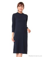 ハイネックミモレニットワンピ/ネイビー