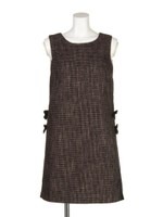 サイドリボン異素材ツイードワンピース/ブラック