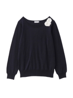 フラワーモチーフつきラウンドネックニット/ワインレッド(063)