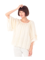 裾刺繍フリンジ使いブラウス/ライトベージュ(051)