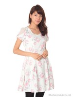 シアーリボン袖花柄ワンピース/ホワイト