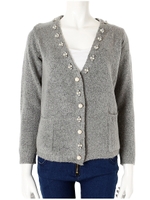 パールビジューVネックニットカーディガン/グレー