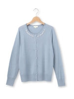 ビジュー使いクルーネックニットカーディガン/ライトブルー(091)