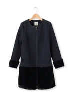 ファー切り替えノーカラーコート/ネイビー&ブルー系(093)