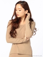 ワイドリブスリットトップス/ベージュ