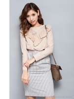 レースフリル×ストライプ切り替えワンピース/オフホワイト