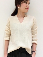 片畦Vネック脇スリットニット/グレー