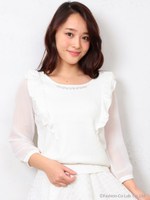 縦フリル異素材ニットプルオーバー/ネイビー