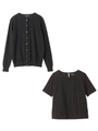[S]クルーカーディガン+レース切り替えカットソーSET/ブラック(019)