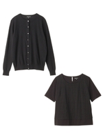 [S]クルーカーディガン+レース切り替えカットソーSET/ブラック(019)