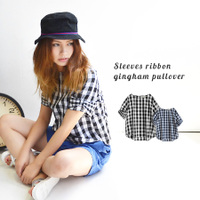 パッチリボンスリーブギンガムチェックブラウス