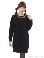 ・衿ぐりビジュー裏起毛ワンピース/Gray Mixture