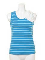 肩フラワーモチーフタンクトップ/ブルー×ホワイト