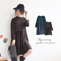 アシンメトリー ハーフウエスト切り替え ギャザーワンピース