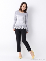 【春の新作】ボーダーニットx裾レース出しA/S/グレー/オフホワイト