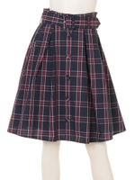 チェック釦付フレアスカート/ネイビー