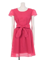 シアーチェック柄リボンワンピース/ルビーレッド(RW)