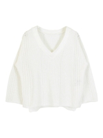綿タッチ透かし編みVネックトップス/オフホワイト