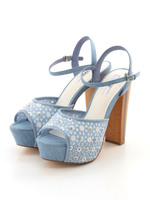 【R&E】ウッド×クリア太ヒールレースサンダル/デニム