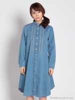 デニムフォークロア刺繍フレアーワンピース/ブルー