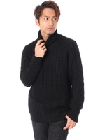 【AZUL by moussy】AC畦×ケーブルタートルネック長袖プルオーバー/BLK