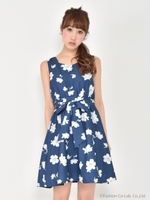 フロントシャーリングフラワーワンピース/ネイビー