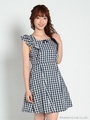 肩フリルギンガムフレアOP/ブルー