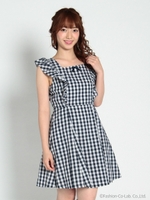 肩フリルギンガムフレアOP/ブルー