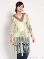 クレープレーヨン ブロックプリント フリンジチュニック/スモークグ