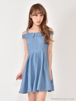 フロント釦オフショルワンピース/インディゴ