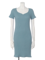 ハートネックリブワンピース/ブルー