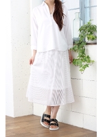 【AZUL by moussy】ストライプチュール ミモレフレアスカート/O/WHT