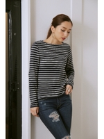 【AZUL by moussy】タックフライス ボートNボーダー長袖プルオーバー/柄NVY